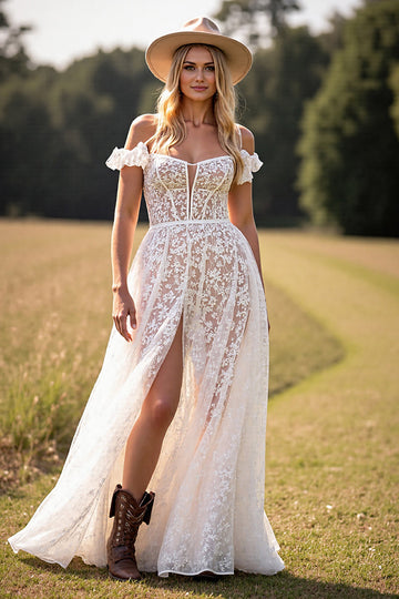 Off The Shoulder Lace White Wedding Dress with Slit